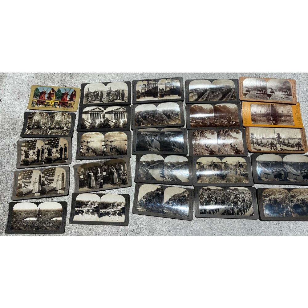 Large Lot of 25 Antique Stereoview Cards - Keystone Panama Canal, Military